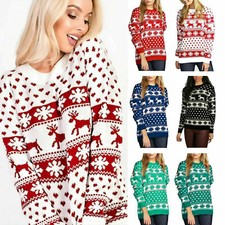 Women Ladies Novelty Xmas Reindeer Snowflakes Christmas Knitted Sweater Jumper  