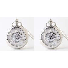 Silvery Engraved Hollow Quartz Pocket Watch Arabic Numerals Pendant Necklace
