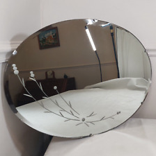 Frameless Oval Wall Mirror Art Deco Floral Etched Bevelled With Chain 50cm Vtg