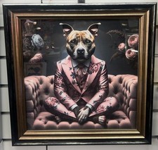Black & gold step framed Staffy dog in pink floral suit picture wall art decor