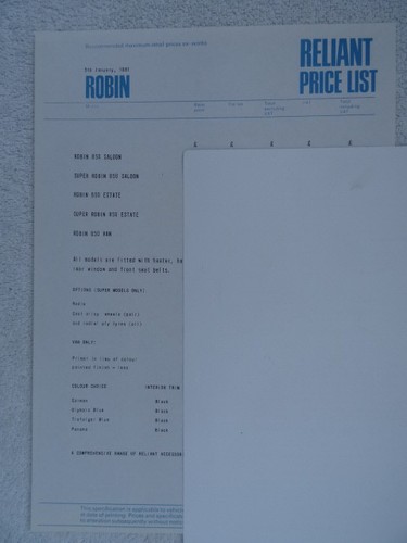 Reliant price list 1981 - reliant, uk