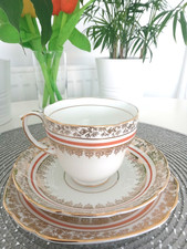 Vintage Diamond China England Trio Set Teacup Saucer Plate Orange Gold Christmas