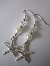 Long Drop / Dangle Holiday Earrings - Starfish & White Pearl - Silver Plated
