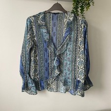 Zara Medium UK Ladies Size 10 Blue Paisley Bell Sleeve Blouse