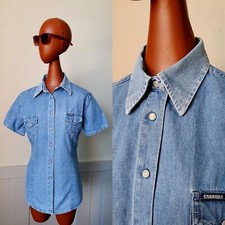 Carrera Denim Shirt Blue -Medium- Ladies  1980s Italian Short Sleeve DD68S