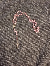 Pink Stone Rosary Necklace Cross Pendant Beads 18" Silver Metal Colour Cross