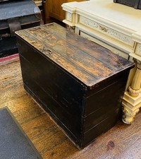Large ebonised antique pine blanket box / storage chest with hinged lid - #9058