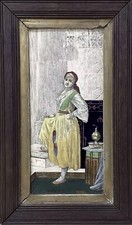 Antique Arts And Crafts Framed Tile Of Lady And Moorish Table C1890