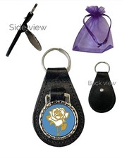 White Rose (D) Black Genuine Leather Domed Keyring
