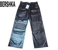 NEW Bershka Women's Black Faux Leather Wide Leg Trousers UK Size L W32 L32