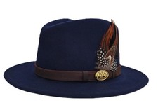 Hazy Blue Mens Ladies Fedora Wide Brim Wool Blend Felt Hat Pheasant Feather 