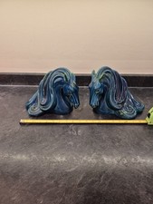 Pair of BITOSSI Pottery Horse Head book Ends. Style of ALDO LONDI Turquoise Blue