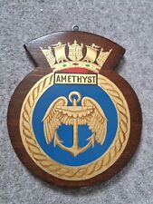 Vintage Original Royal Navy HMS AMETHYST Wall Plaque Crest Shield solid Hardwood