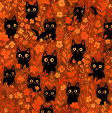 Autumn Black Cats! 100% Cotton Fabric NEW Design Metres/Fat/Long Quarters Quilt