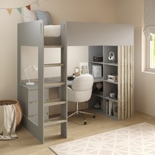 High Sleeper Loft Bed with Desk and Storage in Grey and Oak - Nelly NLY002
