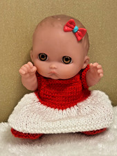 8.5" Berenguer Doll (preloved) Brown Eyes & Red Outfit, Bow & Adoption Cert