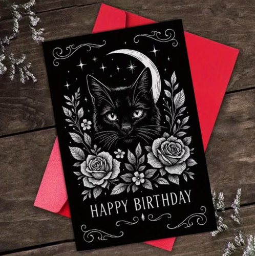 Black cat birthday card - cat,