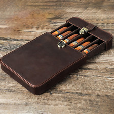 Vintage Leather Cigar Case Handcrafted 6 Slots Drawer Style Lock Buckle Coffee
