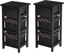 Black Bedside Tables Set of 2 with Drawer & Wicker Baskets, Tall Storage
