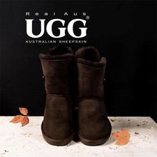 Ugg Real Aus 100% Australian Sheepskin Wool Women Short One Button Boot Chestnut