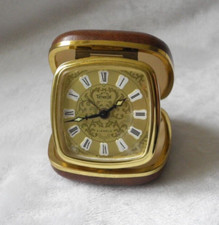 VTG 1970s SMITHS TIMECAL TRAVEL ALARM CLOCK 2 JEWELS SQUARE GOLD FACE BROWN CASE