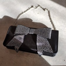 Evening Handbag Black Satin With Diamante Bow Detail