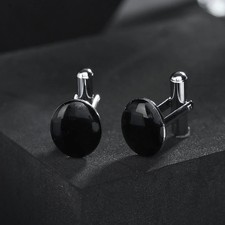 18K White Gold Over Cufflinks Set with Glossy Black Onyx Cabochons For Men's 2PC