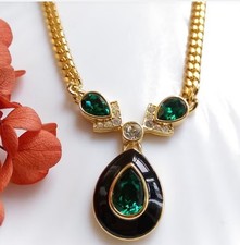 Vintage 90s Monet Black Enamel/Green Rhinestone Necklace & Heart Earrings Set