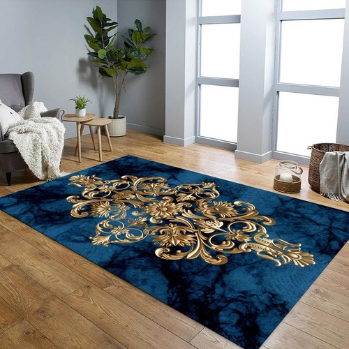 Blue and gold damask - damask, rug