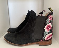 Joules Women's Westbourne Chelsea Boot Black Suede Flat Floral Embroidery UK 5