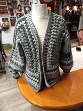 Handmade Crochet Hexigan Cardigan Size UK 14-16 Grey White Acrylic