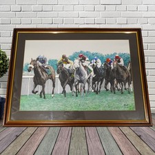 Horse Racing Watercolour Painiting Large Framed Signed