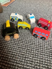 6 Wooden Cars. Fire Engine, Ambulance, police, bus, black taxi. Car Bundle