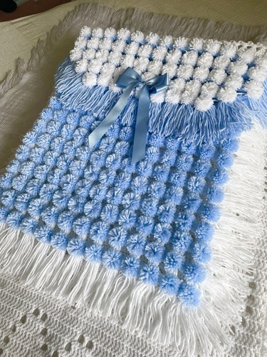 Baby blue white pompom pram - /,