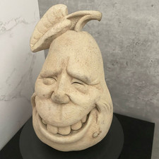 Heavy Stone Pear Face Sculpture 5.5" Smiling Fruit Head Ornament Garden Decor