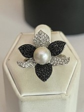 Sterling Silver Pearl And Black And White Cubic Zirconia Ring Size N