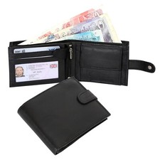 Mens RFID Blocking Soft Black Leather Wallet ID Window Zip And Coin Pocket 2511