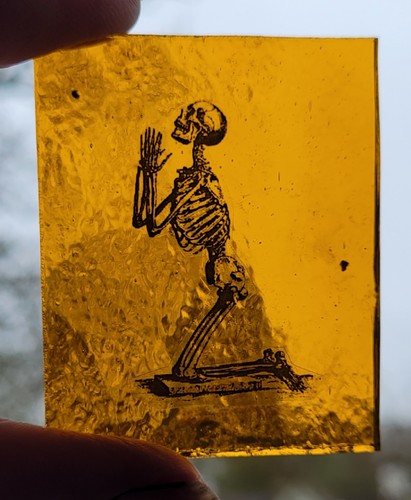 Stained glass skeleton praying - stained,