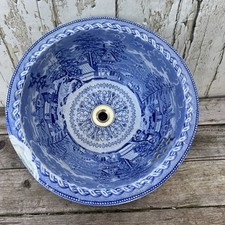 Antique Blue and White Transfer-Printed Porcelain Sink Brass Plug Hole Victorian