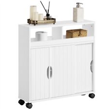 Slimline Bathroom Storage Cabinet on Wheels, Floor Cupboard w/Open Shelf, White