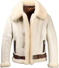 Mens Sheepskin Leather Biker Cream Aviator B3 Bomber Jacket Real Shearling Fur