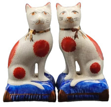 Antique Staffordshire Pottery Pair Seated Cats 19th Century