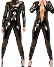 Womens Black PVC Catsuit Wetlook Full Length Bodysuit Plus Size Clubwear Party 