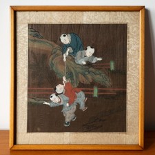 Chinese Antique Late Qing or Republic Period Silk Painting of Boys 19th-20th C