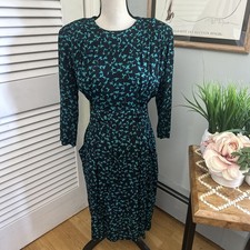 Vintage 80s KARIN STEVENS Womens Dress 12P Teal Blue Floral Midi Sheath Retro