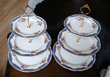 2 X Elegant Blue Swags and Pretty Roses Vintage Matched 3 Tier Cake Stands