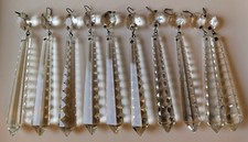 10 VGC 11cm Vintage Crystal Glass Icicle Drops Button Faceted Chandelier Prisms