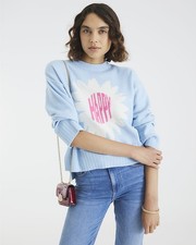 River Island Womens Jumper Blue Knitted Flower Graphic Crew Pullover Sweater Top