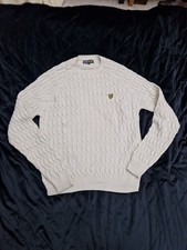 Lyle & Scott Mens Jumper Large Cream Sweater Cable Knit Cricket Fisherman Medium