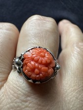 Antique Silver Mark Carved Nature Coral Flower Ring -uk Size N